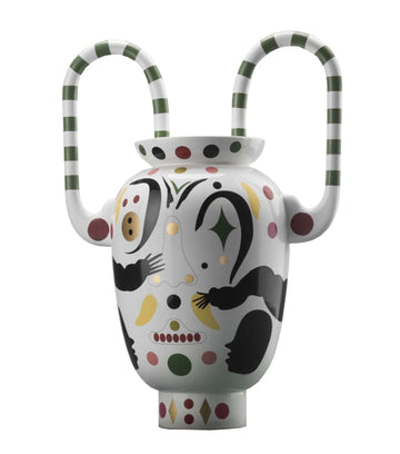 Decorative vase with colorful patterns and striped handles on a white background from Bosa available at Spacio retail stores in Mumbai & Kolkata. 