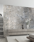 A handcrafted Italian fresco artwork depicting a rustic staircase against textured walls, made with Carrara marble and Roman travertine powder in a luxury bedroom