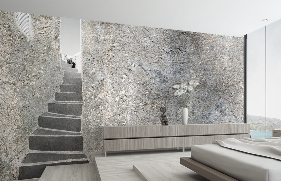 A handcrafted Italian fresco artwork depicting a rustic staircase against textured walls, made with Carrara marble and Roman travertine powder in a luxury bedroom