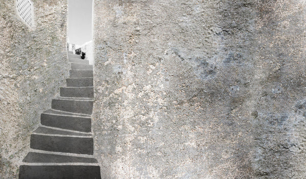 A handcrafted Italian fresco artwork depicting a rustic staircase against textured walls, made with Carrara marble and Roman travertine powder.