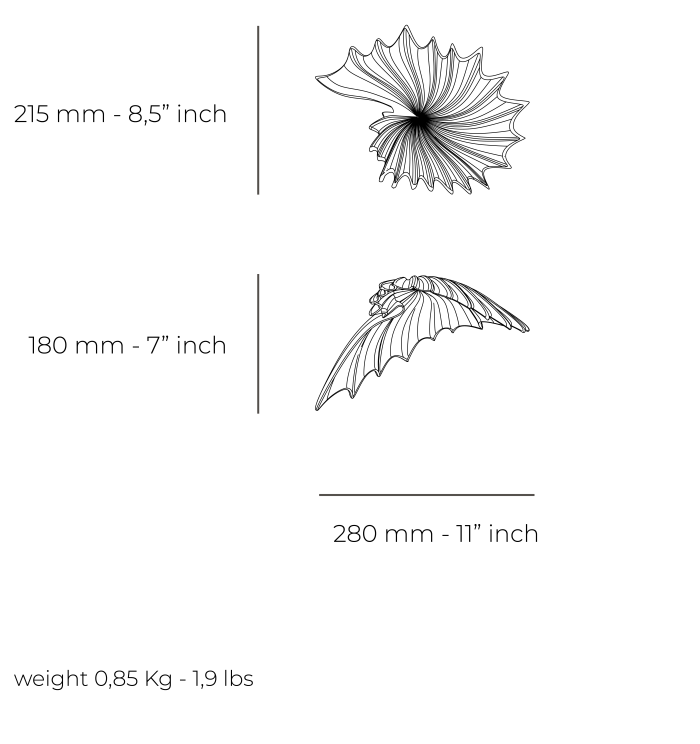 Dimensions and weight of Dalia glass element with measurements in millimeters and inches.