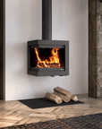 A hanging wood burning fireplace in a luxury contemporary interior, from Dru and available at Spacio retail stores in India