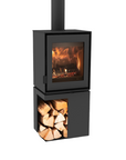 A modern black wood-burning stove with a visible fire inside and a lower compartment storing stacked firewood, shown on a plain white background.