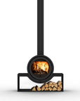 A modern black metal wood-burning stove with a circular firebox showing a glowing fire, a tall chimney stack, and a base shelf holding stacked firewood logs, isolated on a white background.