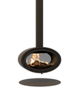 A modern floating oval wood burning fireplace with a black metal frame and a visible fire burning inside, suspended by a tall black chimney pipe against a plain white background.