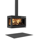 A modern black metal wood-burning fireplace with a visible flame and log display, shown against a plain white background with a matching black hearth plate below.