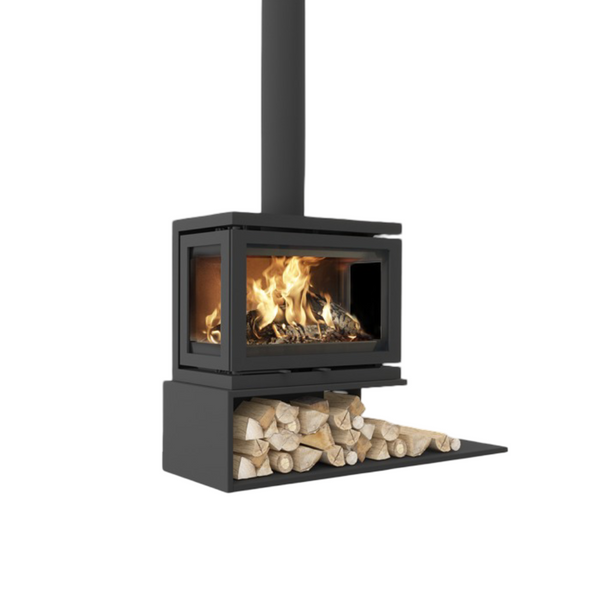 A modern black wood-burning stove with a visible fire inside, shown with a chimney stack and a shelf holding stacked firewood logs, isolated on a white background.