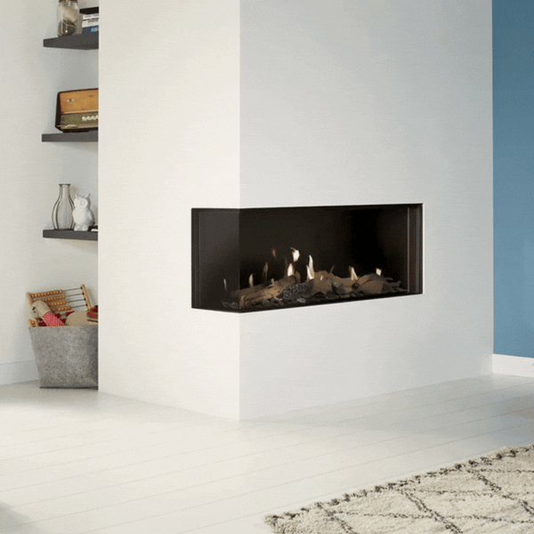 Linear gas fireplace from Dru in a contemporary small apartment, available at Spacio retail stores in India. 