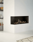 Linear gas fireplace from Dru in a contemporary small apartment, available at Spacio retail stores in India. 