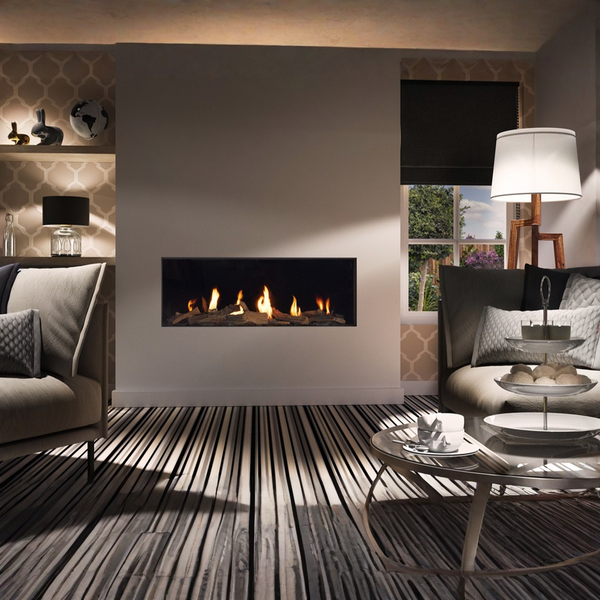 Linear front view gas fireplace in a modern  interior of a small apartment