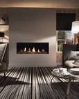 Linear front view gas fireplace in a modern  interior of a small apartment