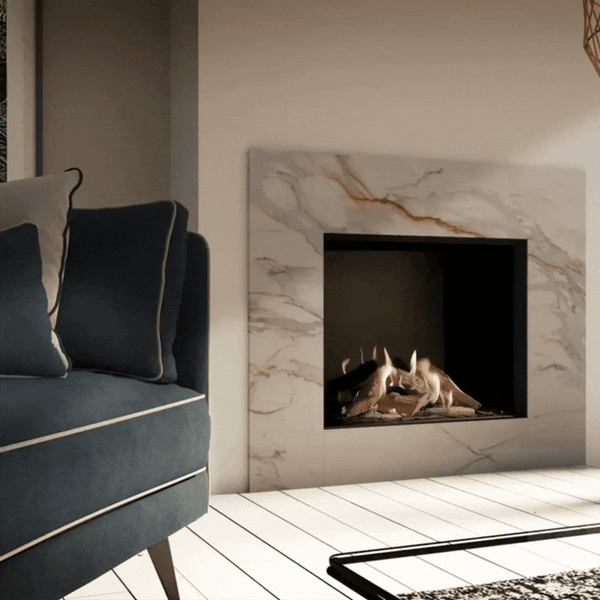 A linear wall gas fireplace from Dru in a living room of a luxury apartment