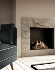 A linear wall gas fireplace from Dru in a living room of a luxury apartment