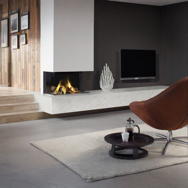 Lugo 80/3 indoor linear gas fireplace by Dru available at Spacio in India