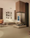 A modern living room interior featuring a low-profile concrete fireplace with a glass front and gas fireplace, a beige sectional sofa, a brown accent chair, and a tall wood-paneled column.