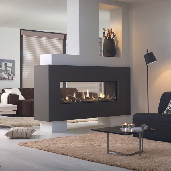 A modern wall-mounted linear gas fireplace with a black front panel and visible flames, installed in a contemporary living room with a sofa, coffee table, rug, and floor lamp.