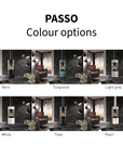 A color options graphic for the PASSO fireplace, showing four finishes: Nero, Turquoise, Light grey, White, Titan, and Pearl. Each option is illustrated with a modern linear fireplace in a living room setting.