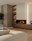 Holographic fire place in a modern interior with a tablet controlling the fireplace features