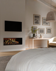 Holographic fireplace below TV in a minimalistic interior