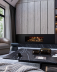 Holographic fireplace in a cozy living room