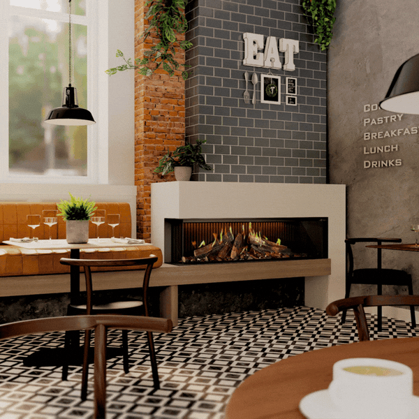 Holographic fireplace in a cafe