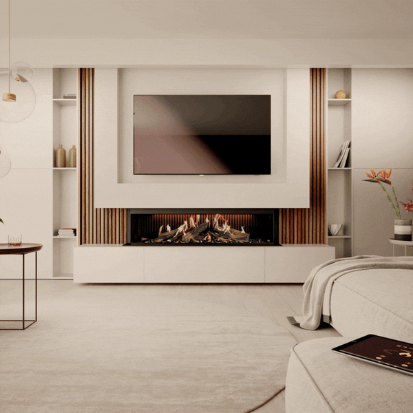 Holographic fireplace in a luxury bedroom interior