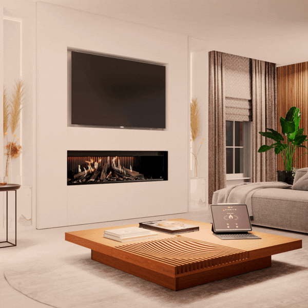 Holographic fireplace in a contemporary living room below a TV and being controlled by a smart tablet