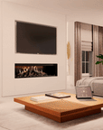 Holographic fireplace in a contemporary living room below a TV and being controlled by a smart tablet
