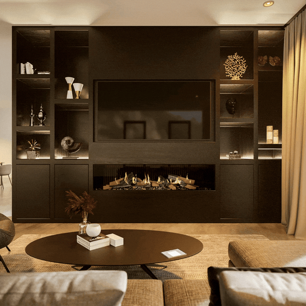 Holographic fireplace in a warm dark theme living room interior