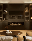Holographic fireplace in a warm dark theme living room interior