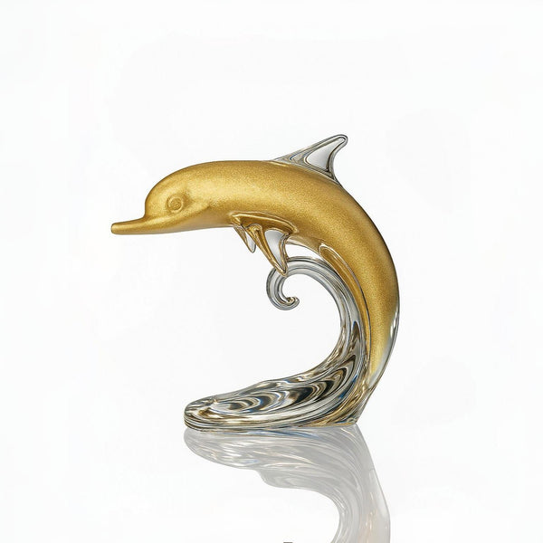 Dolphin Baby On The Wave Gold Crystal Sculpture