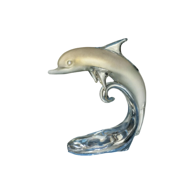 Dolphin Baby On The Wave White & Gold crystal sculpture by Duccio Di Segna - a luxury centerpiece available at Spacio India, crafted in elegant crystal.