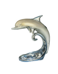 Dolphin Baby On The Wave White & Gold crystal sculpture by Duccio Di Segna - a luxury centerpiece available at Spacio India, crafted in elegant crystal.