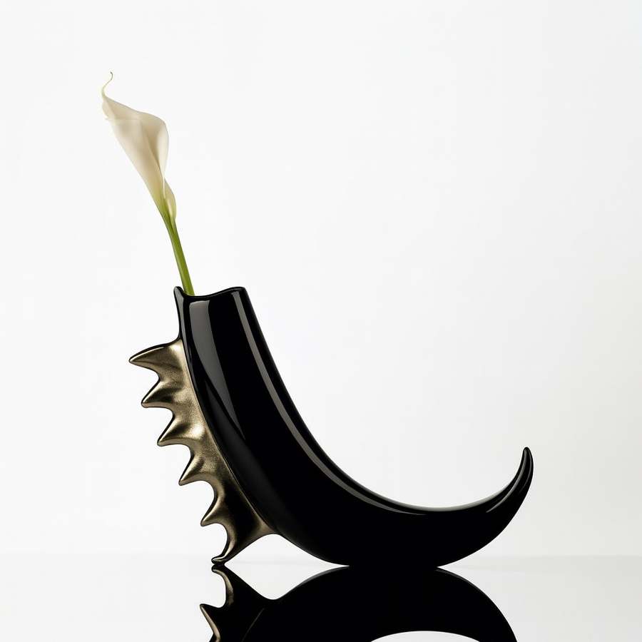 Black and gold vase with a white flower on a light gray background