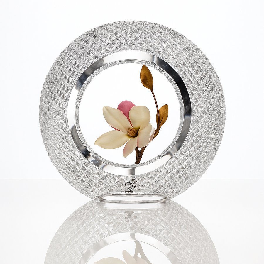 Decorative crystal sculptural vase with a flower inside on a white background