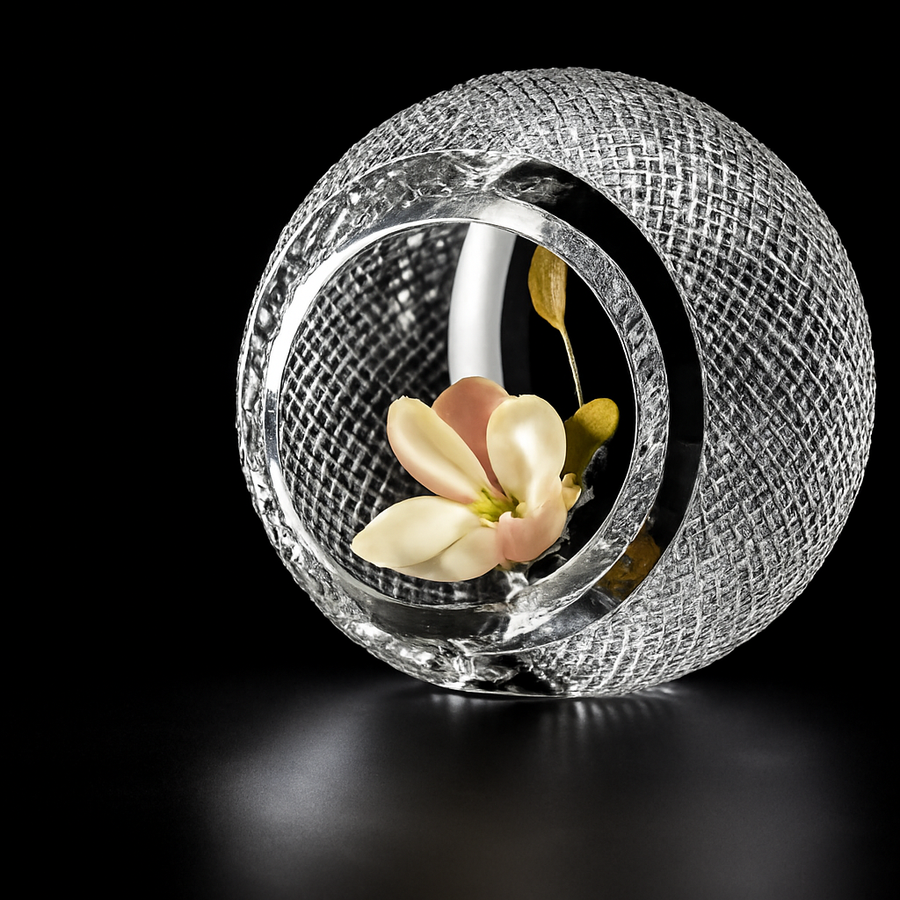 Decorative glass vase with textured design holding a flower on a black background