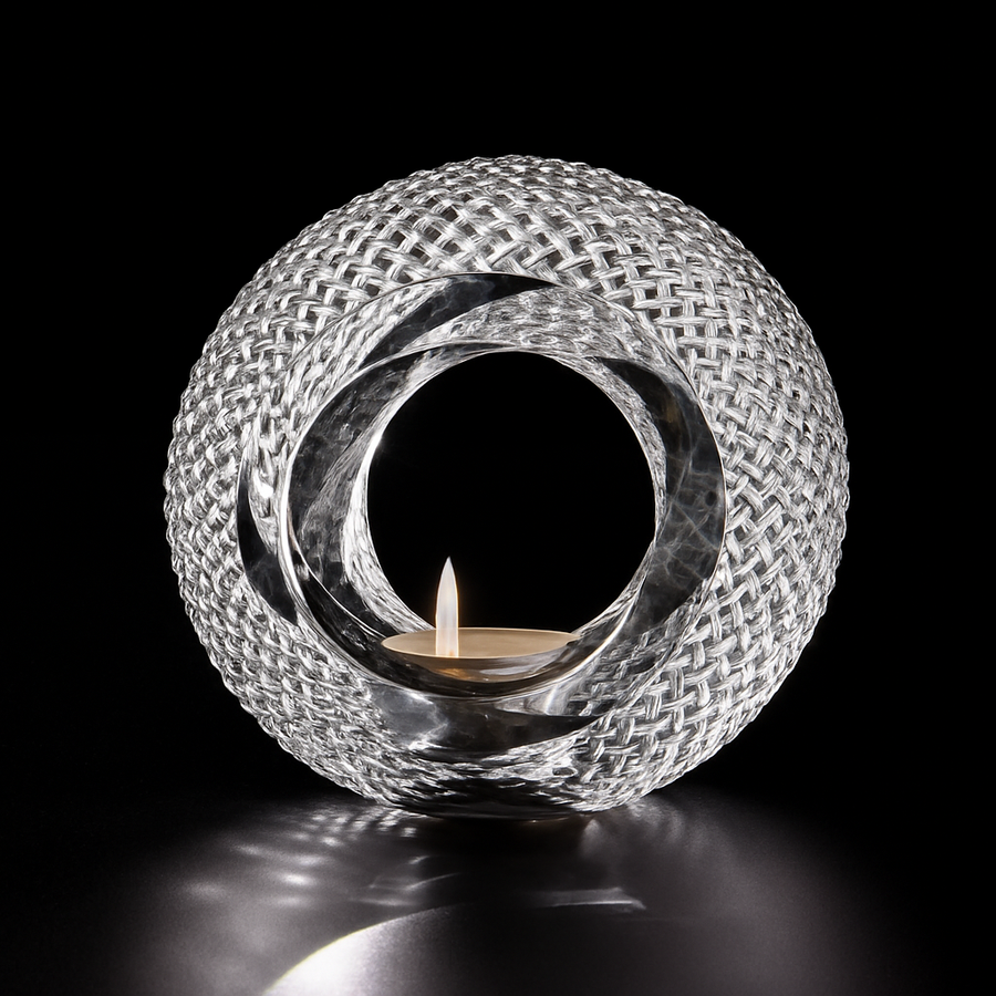 Decorative crystal sculptural candle holder with a candle inside on a black background from Duccio Di Segna available at Spacio retail stores in Mumbai & Kolkata