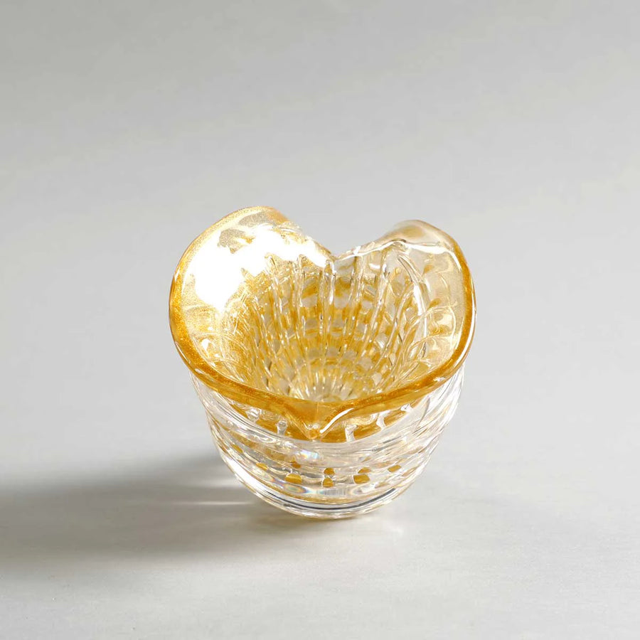 Top angle of handcrafted cornucopia sculpture in amber and gold crystal by Duccio Di Segna, sold at Spacio India