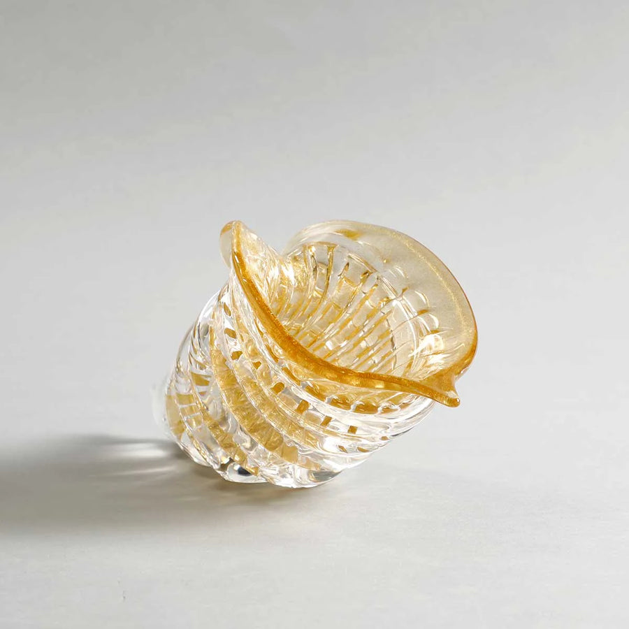 Side angle of luxury amber and gold crystal cornucopia from Duccio Di Segna, decor item at Spacio India