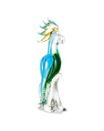 Side view of Duccio Di Segna’s Parrot Turquoise Big sculpture in crystal, showcasing artistic detail and vivid colour, now at Spacio India