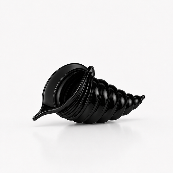 A crystal black spiral shell-shaped decorative object, resembling a stylized seashell or sculptural vessel, photographed on a clean white studio background.