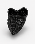 A glossy black crystal spiral shell-shaped sculpture with a ribbed textured exterior and a flared, open top, shown on a light gray background.