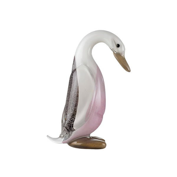 Decorative duck sculpture with a white and pink body on a white background