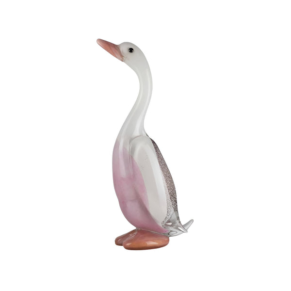 Glass duck figurine with a pinkish-beige body and white neck on a white background