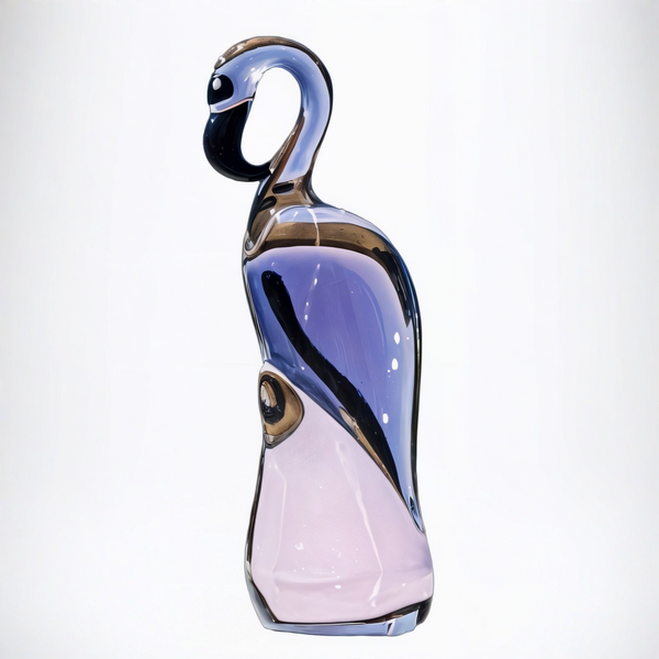 Duccio Di Segna Head Down Pink Flamingo sculpture in crystal, featuring a graceful abstract flamingo design in pink crystal and deep violet hues, available at Spacio India.