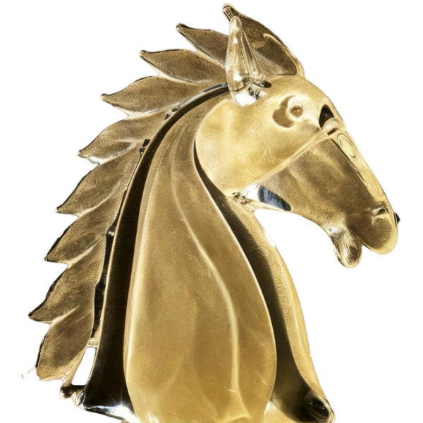 Crystal horse head centerpiece by Duccio Di Segna in gold transparent finish, elegant decor collectible at Spacio India