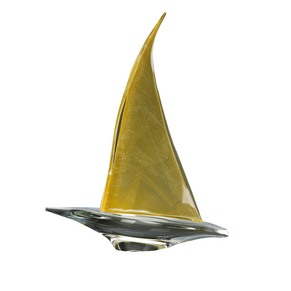 Medium Transparent Gold Sailing Boat sculpture by Duccio Di Segna in crystal, featuring a sleek gold sail and minimalist hull, available at Spacio India.