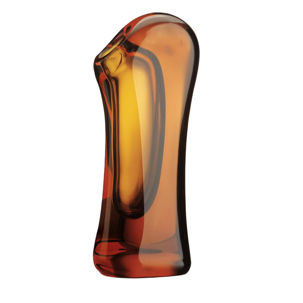 Duccio Di Segna Sintesi Medium Amber crystal centerpiece in rich amber tones, blending art and design. Handcrafted from premium crystal, this sculptural piece adds elegance to any interior. Available at Spacio India retail stores and online.