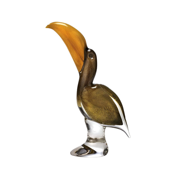 Glass sculpture of a pelican with a large beak on a white background