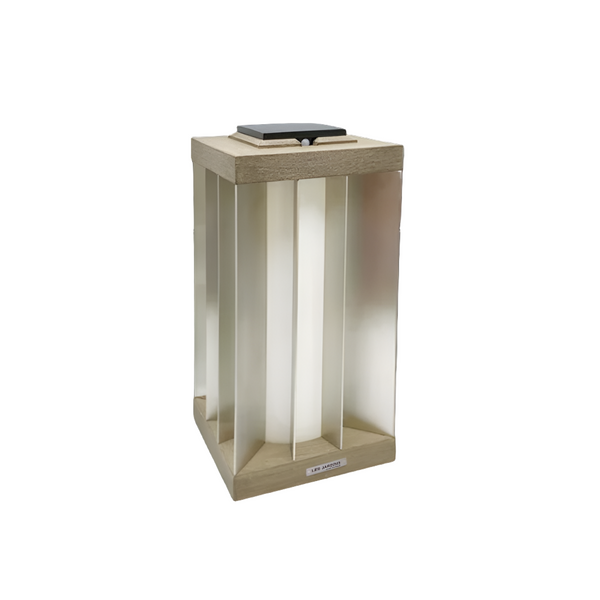 Beige solar lantern with a black platform on a white background